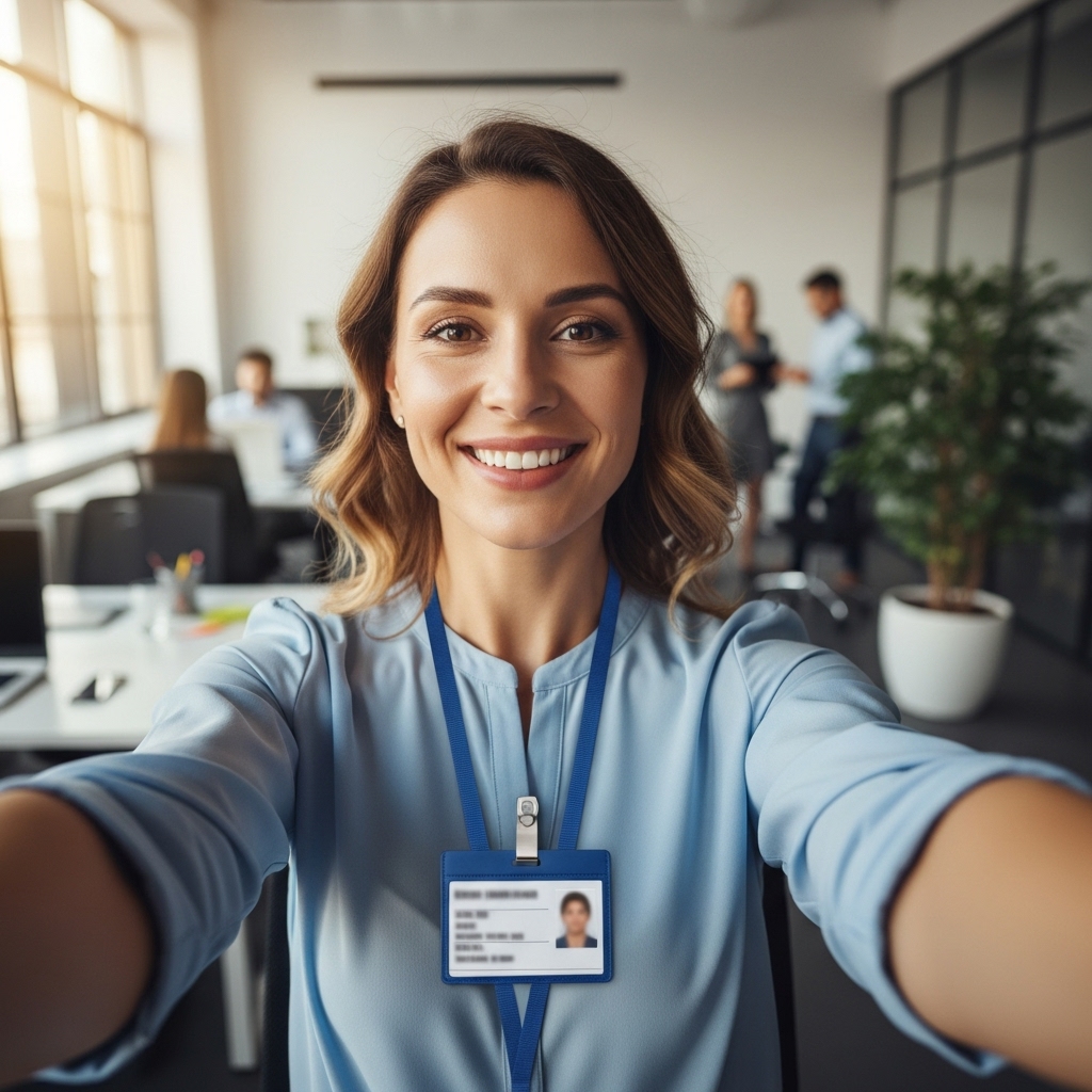 Unacceptable: Selfie with visible badge